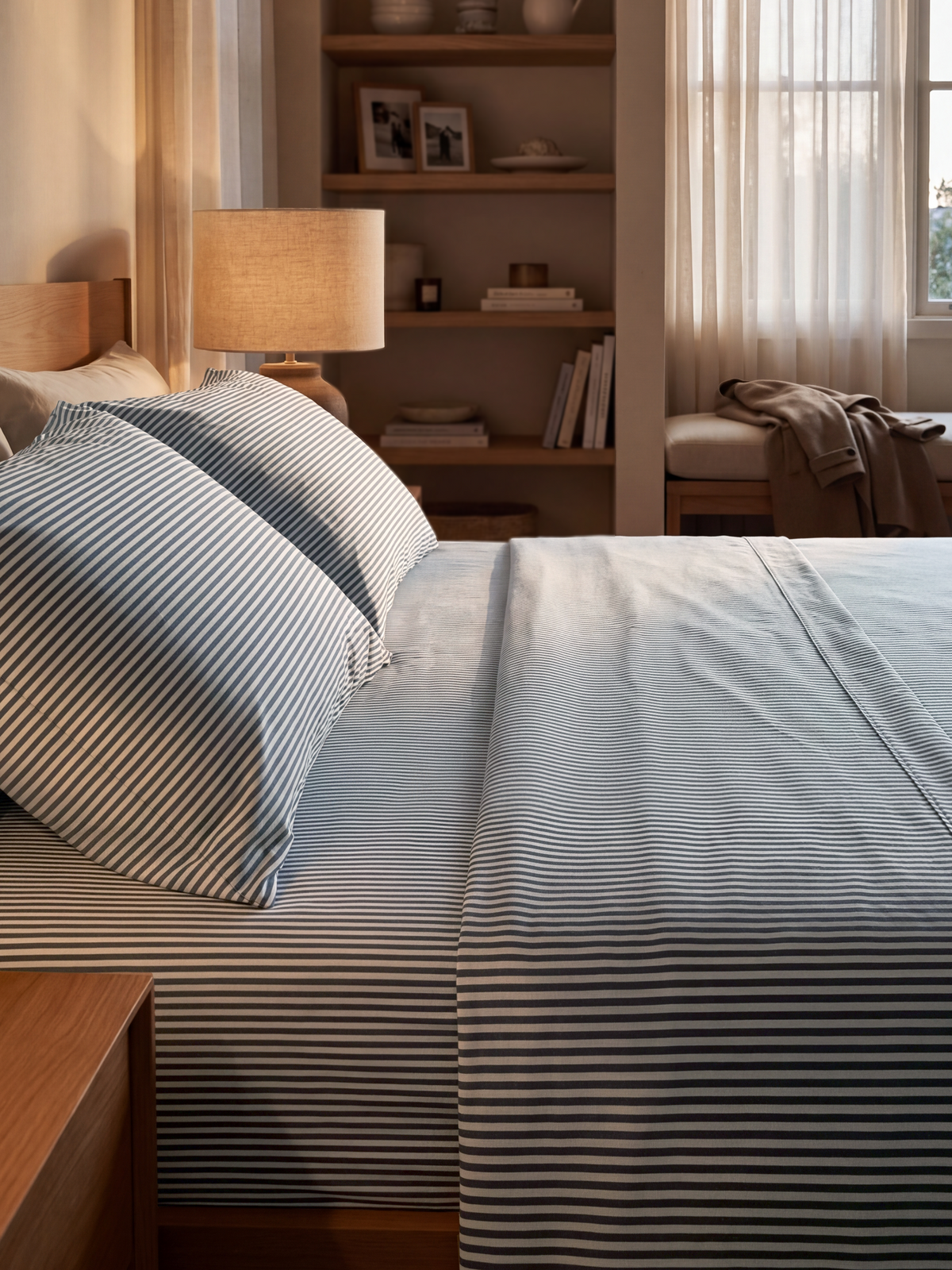 Fitted Bed Sheet in Breathable Organic Cotton Percale with Fine Stripes