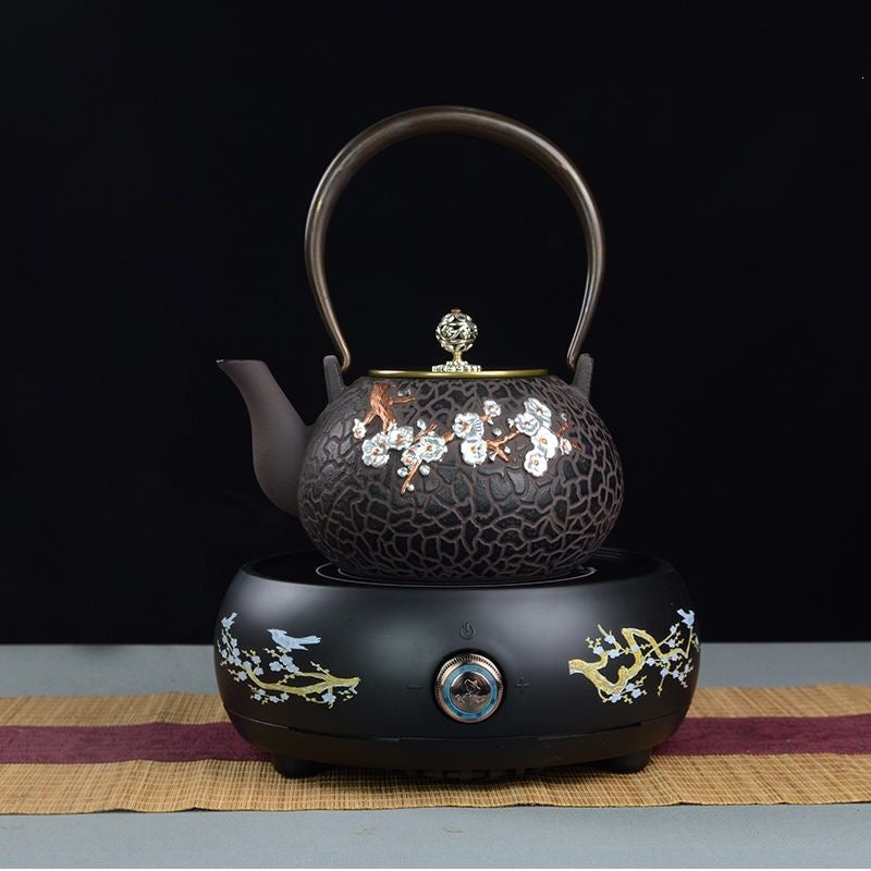 Cast Iron Teapot Set with Floral Relief and Ceramic Hotplate, for Tea Preparation