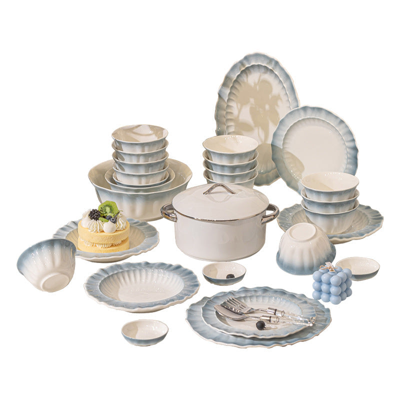Ceramic Dinnerware Set with Scalloped Edge and Light Blue Gradient