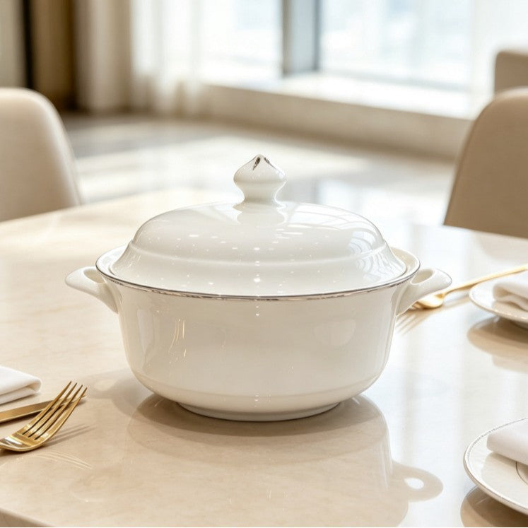 Fine Bone China Dinnerware Set with Silver Rim, Dining Room Tableware