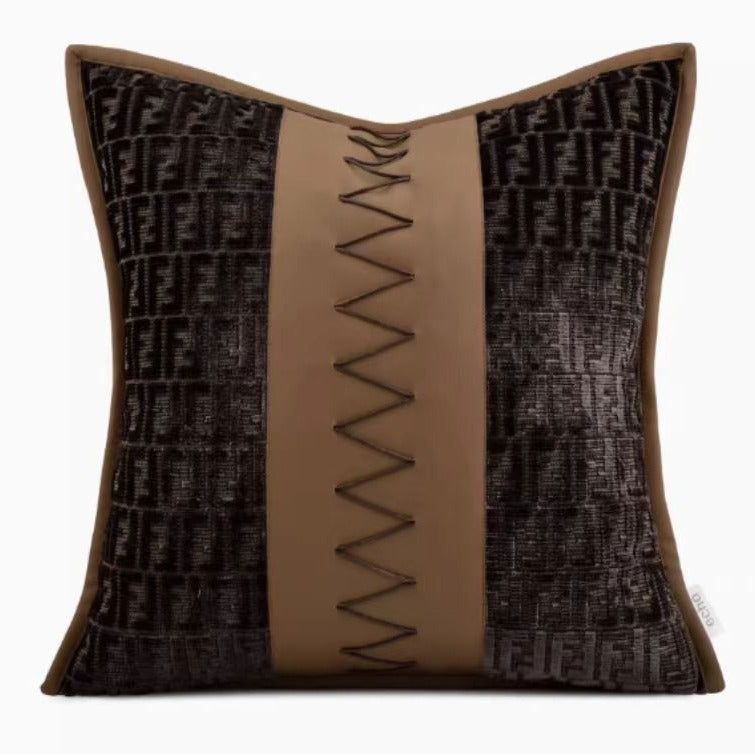Textured Jacquard Decorative Cushion with Leather Strip and Decorative Stitching