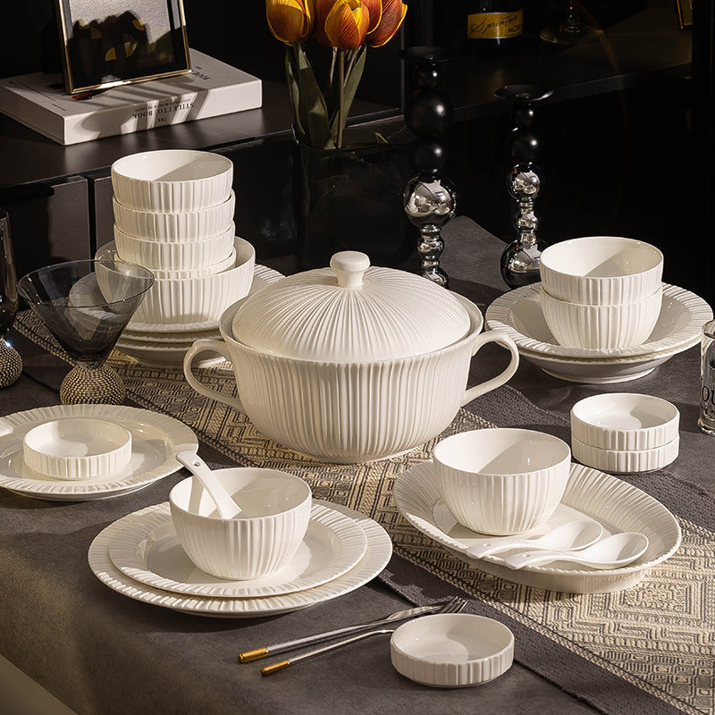 Bone China Dinner Service with Pleated Ribbed Texture