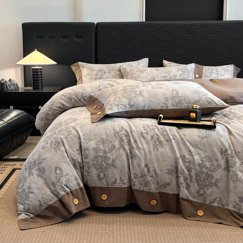Floral Jacquard Bedding Set with Wooden Button Fastening