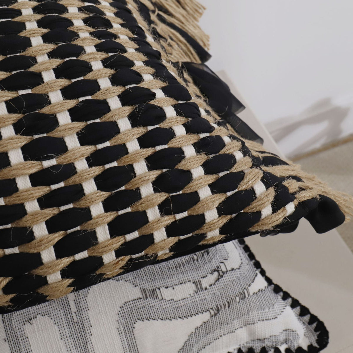 Handwoven Cotton and Jute Cushion, Wabi-Sabi Style