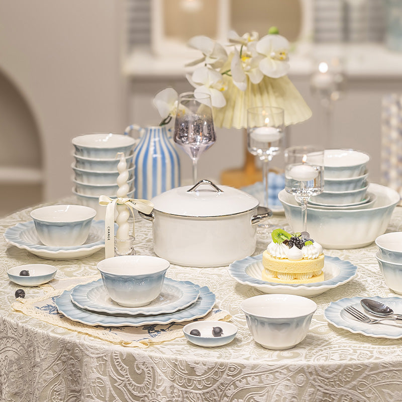 Ceramic Dinnerware Set with Scalloped Edge and Light Blue Gradient