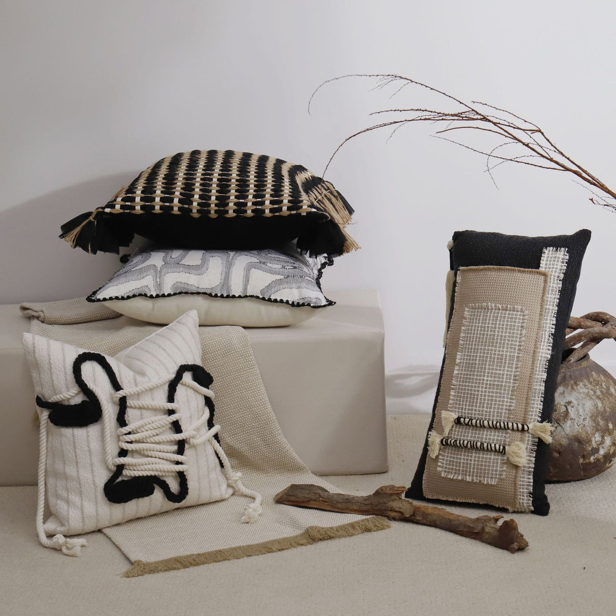 Handwoven Cotton and Jute Cushion, Wabi-Sabi Style