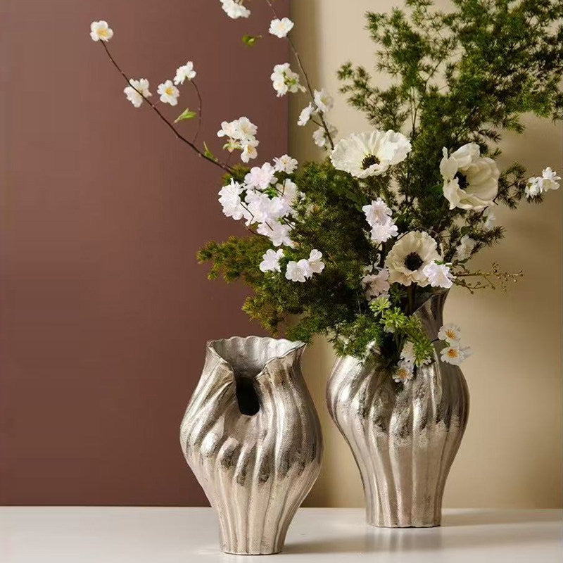 Sculptural Ribbed Aluminium Vase in Silver