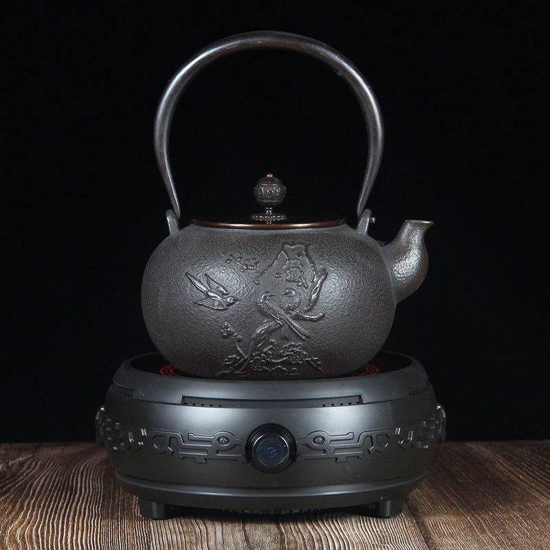 Cast Iron Teapot with Embossed Decoration and Electric Tea Stove, Tea Set for Tea Time