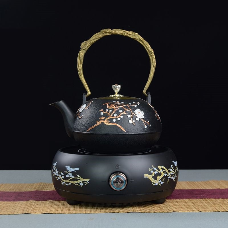 Cast Iron Teapot Set with Floral Relief and Ceramic Hotplate, for Tea Preparation