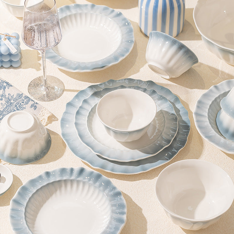 Ceramic Dinnerware Set with Scalloped Edge and Light Blue Gradient