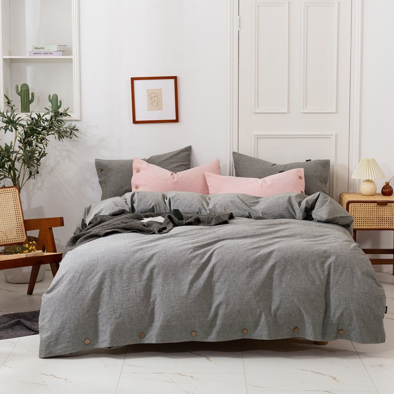 Cotton and Linen Bedding Set with Wooden Button Placket, Bedroom