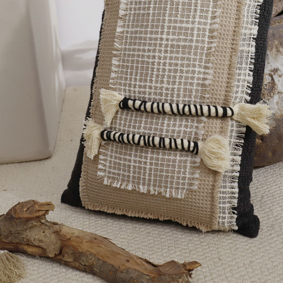 Handwoven Cotton and Jute Cushion, Wabi-Sabi Style