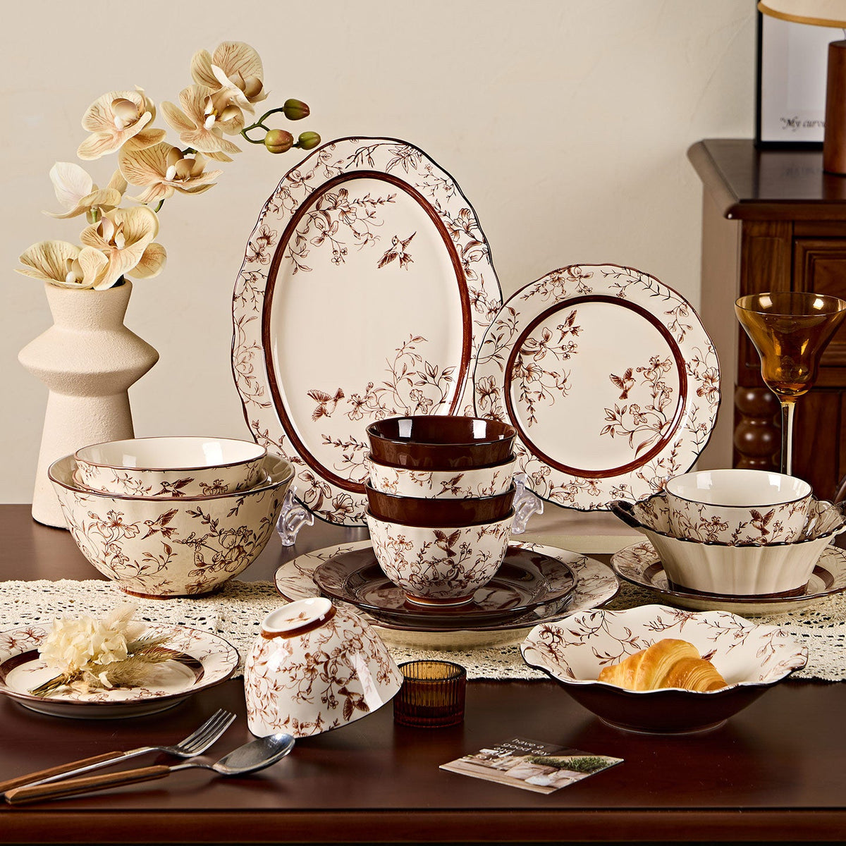 Ceramic Dinnerware Set with Underglaze Floral Decoration