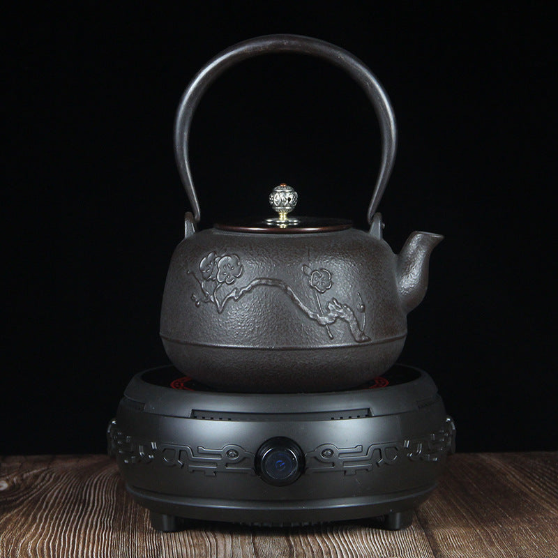 Cast Iron Teapot with Embossed Decoration and Electric Tea Stove, Tea Set for Tea Time