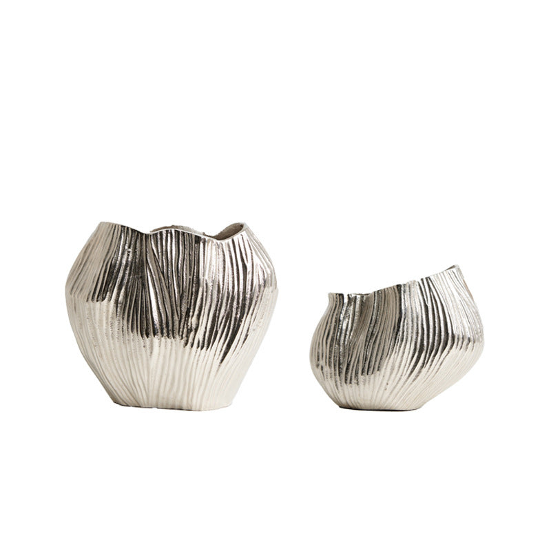 Sculptural Ribbed Aluminium Vase in Silver