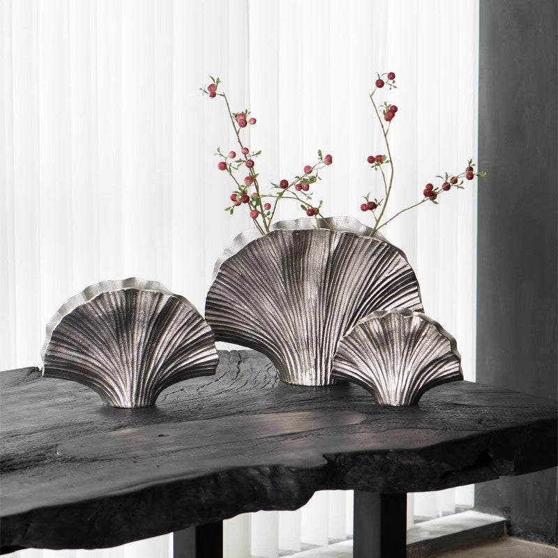 Sculptural Ribbed Aluminium Vase in Silver