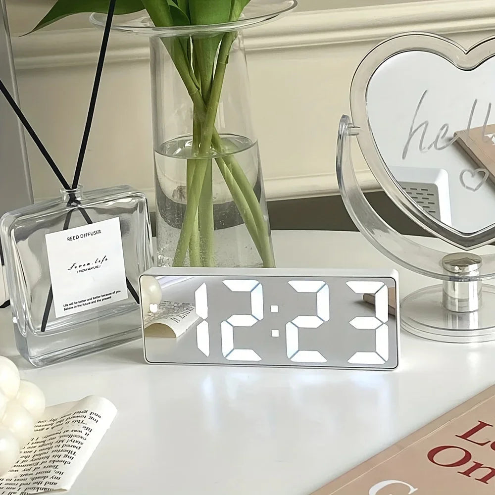 Alarm Clock with Mirror Front, Digital LED Display and Temperature