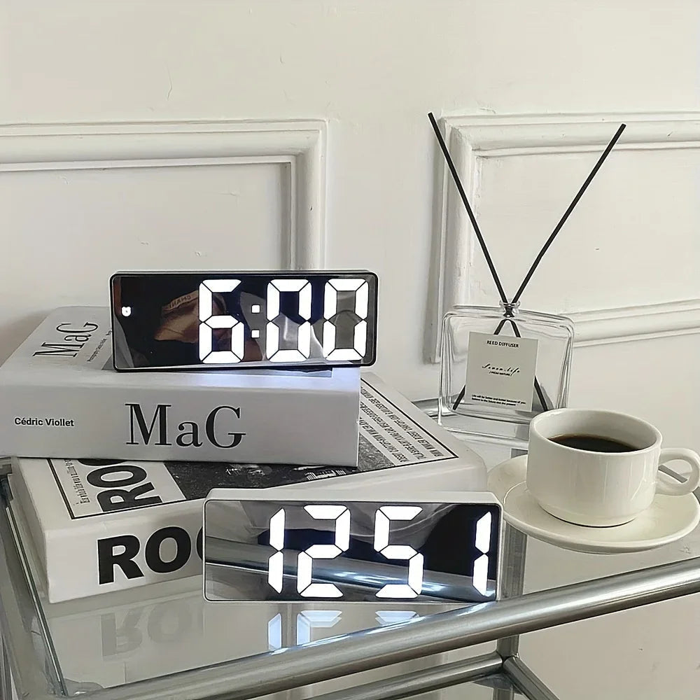 Alarm Clock with Mirror Front, Digital LED Display and Temperature