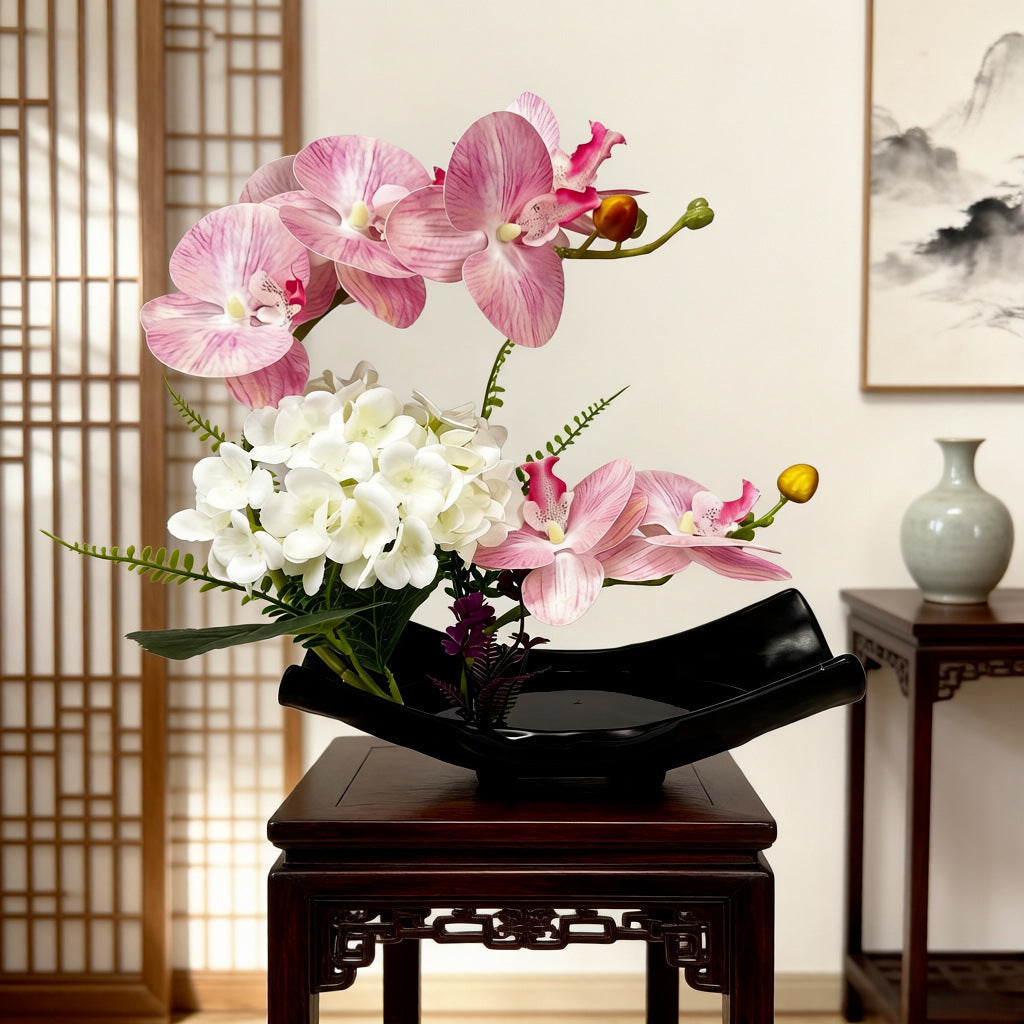 Artificial Flowers, Ikebana Orchid Arrangement in a Glazed Ceramic Bowl