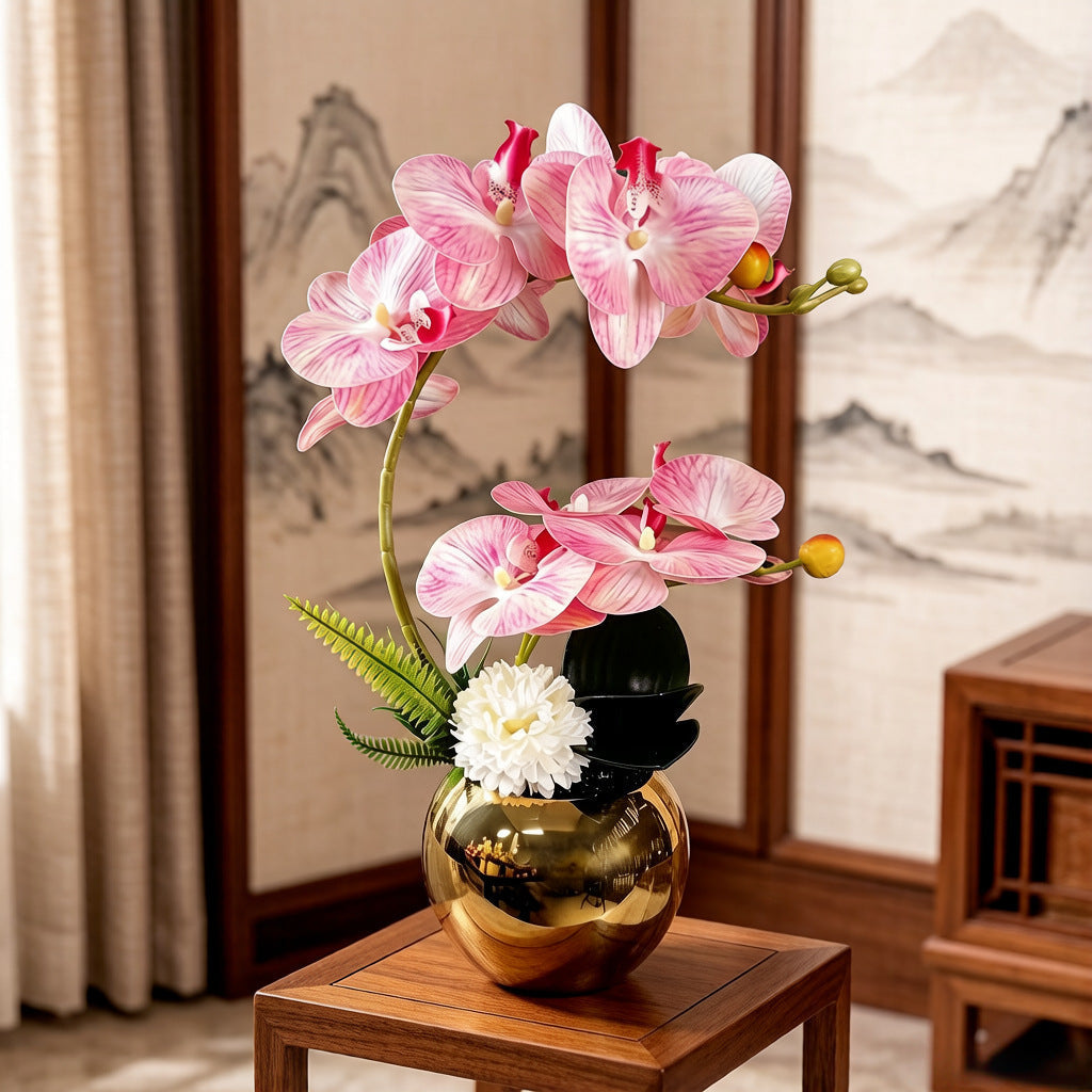 Artificial Flowers, Orchid Arrangement with Glazed Ceramic Sphere Vase