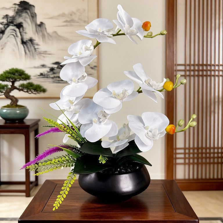 Artificial Flowers, Orchid Arrangement with Matt Ceramic Pot