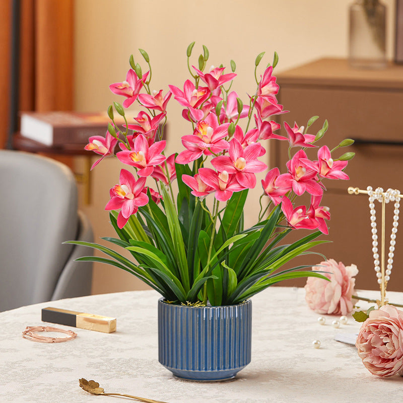 Artificial Flowers, Orchid Arrangement with Ribbed Glazed Ceramic Pot
