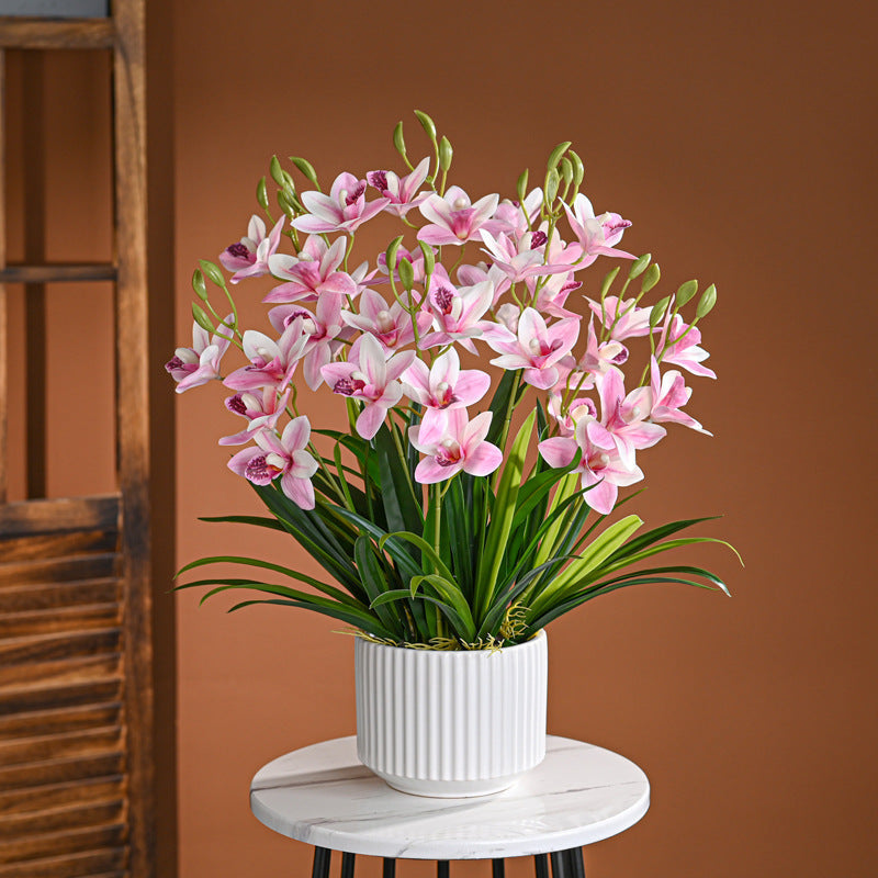 Artificial Flowers, Orchid Arrangement with Ribbed Glazed Ceramic Pot
