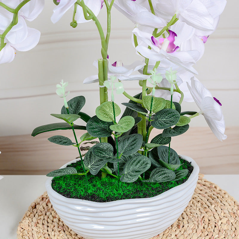Artificial Flowers, Orchid in Glazed Ribbed Ceramic Pot with Moss Bed