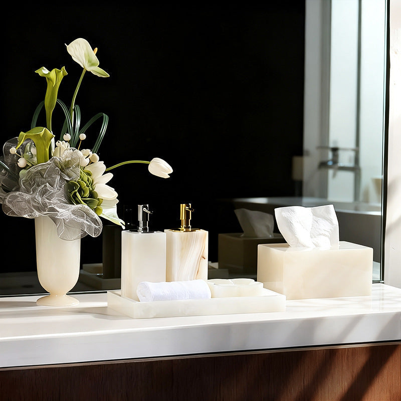 Bathroom Accessories Set in Solid Onyx Marble with Brass Pump