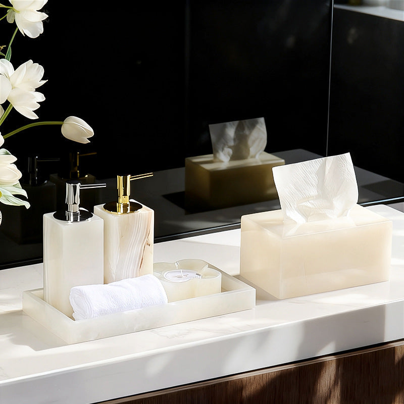 Bathroom Accessories Set in Solid Onyx Marble with Brass Pump