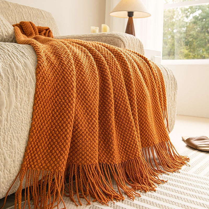 Blanket in Chunky Waffle Knit with Knotted Fringes, Sofa Throw