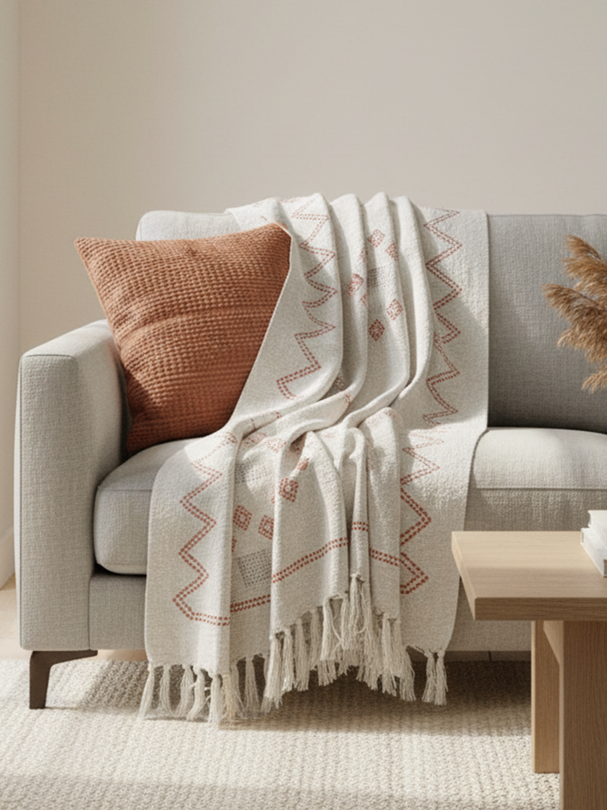 Blanket in Cotton with Floral Embroidery and Knotted Fringes
