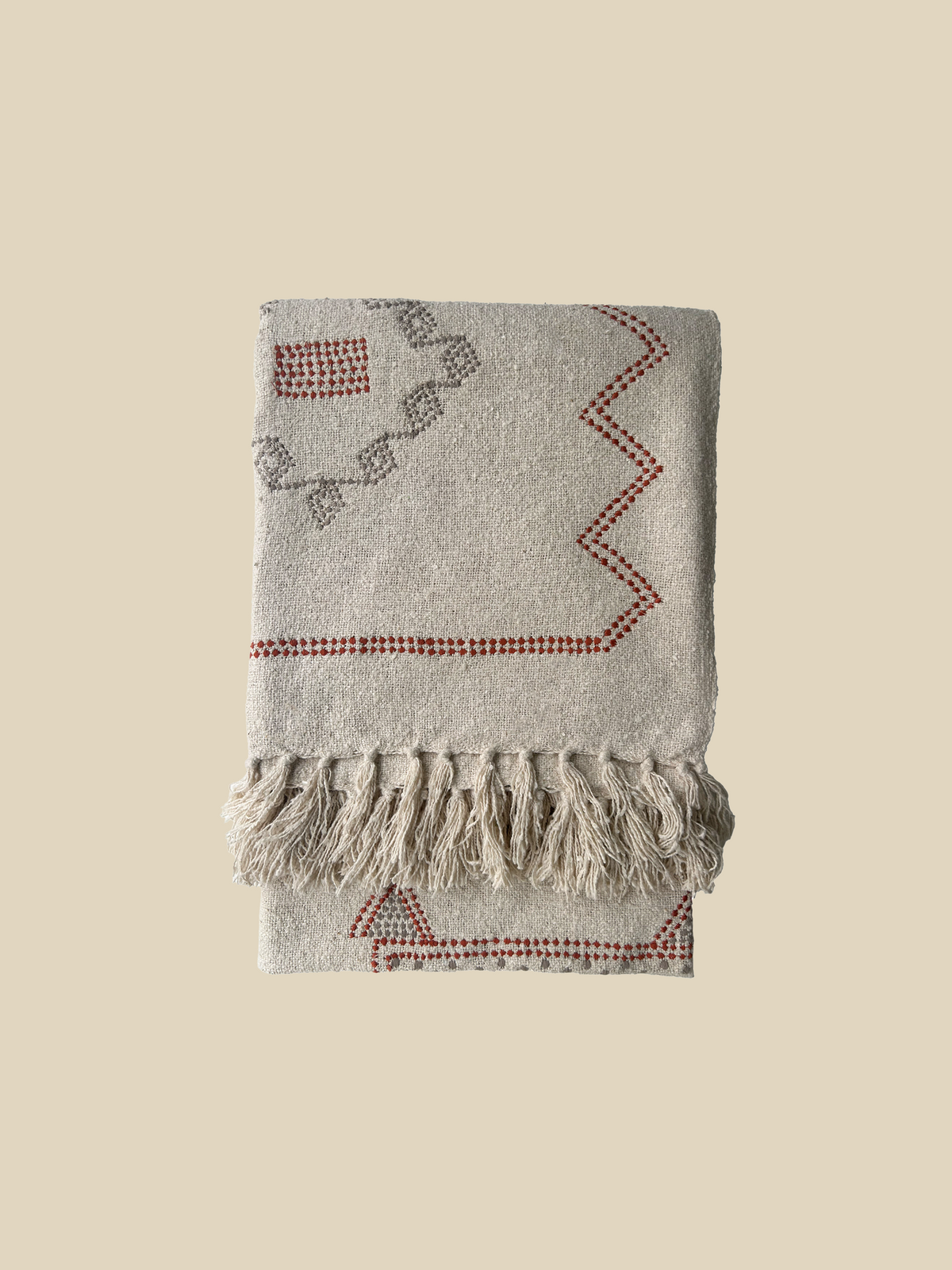 Blanket in Cotton with Floral Embroidery and Knotted Fringes