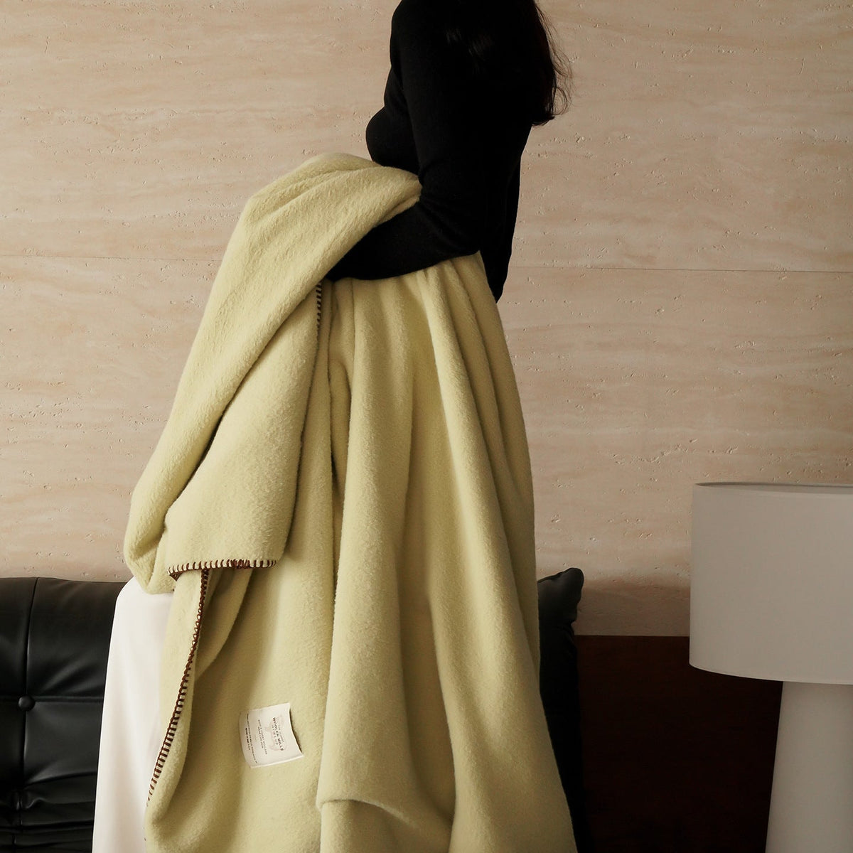 Blanket in Dense Wool-Look Plush Fabric with Contrast Blanket Stitch