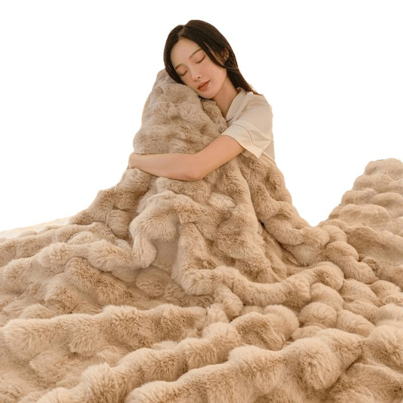 Blanket in Fluffy Faux Fur with Wave Texture, Sofa Throw