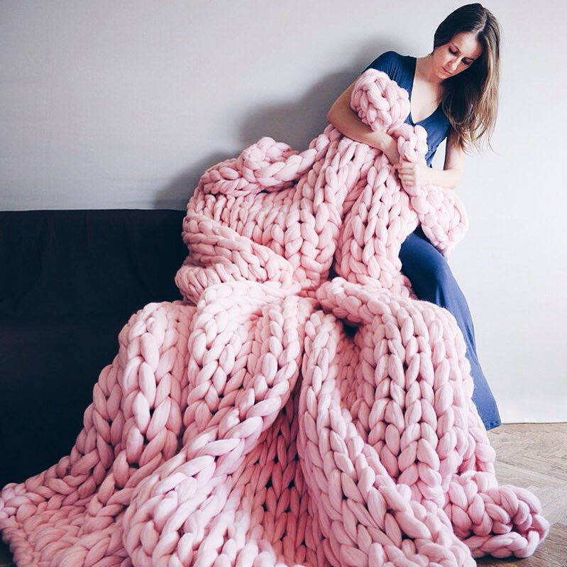 Blanket in Hand-Knitted Chunky Yarn, Rectangular Sofa Throw