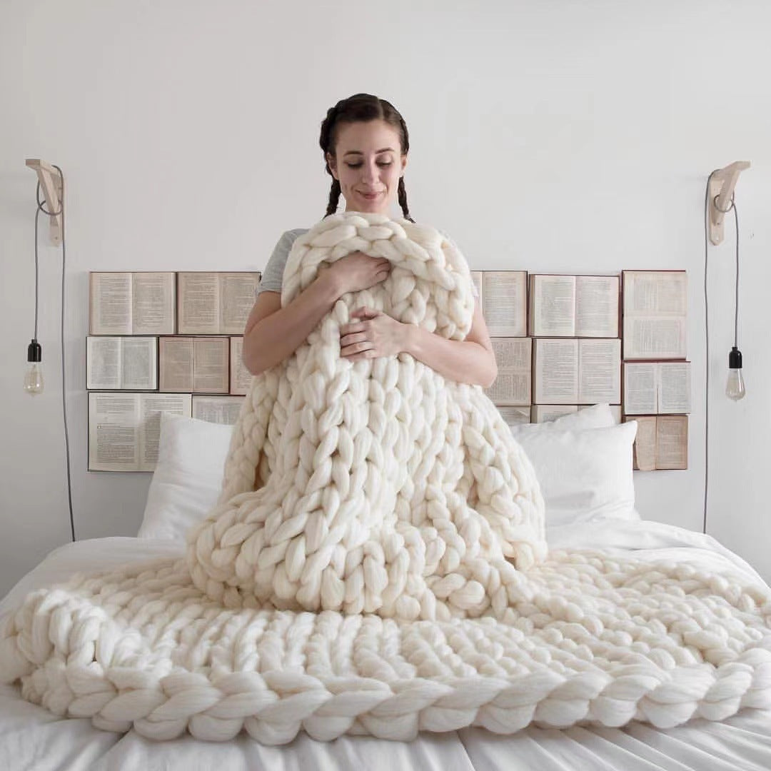 Blanket in Hand-Knitted Chunky Yarn, Rectangular Sofa Throw