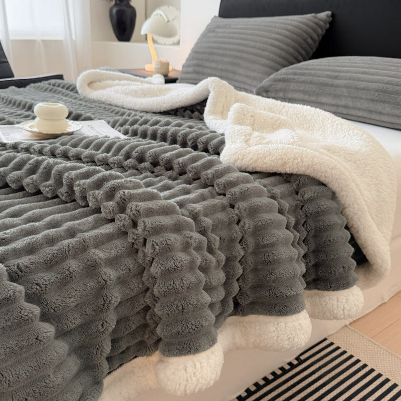 Blanket in Ribbed Faux Fur with Sherpa Backing, Reversible Throw