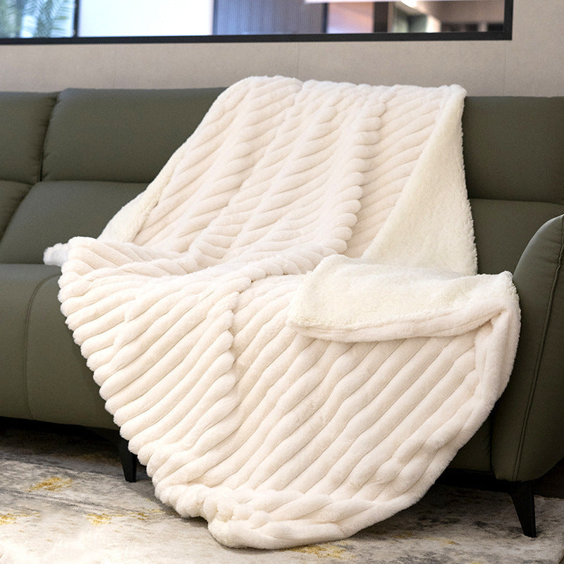 Blanket in Ribbed Faux Fur with Sherpa Reverse, Rectangular Sofa Throw