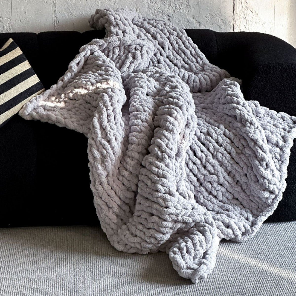 Blanket in Soft Chenille, Hand-Knitted Chunky Knit Sofa Throw