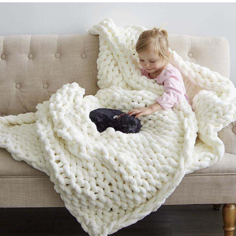 Blanket in Soft Chenille, Handmade Rectangular Chunky Knit