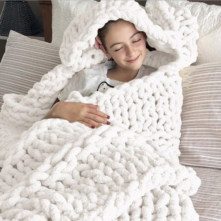 Blanket in Soft Chenille, Handmade Rectangular Chunky Knit