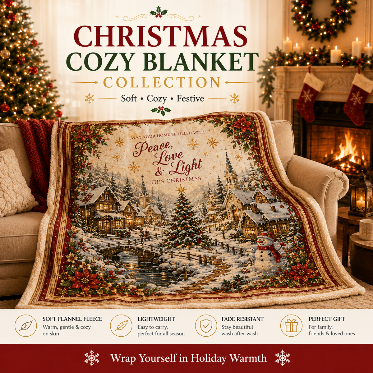 Blanket in Soft Flannel Fleece with Christmas Prints, Lightweight Throw