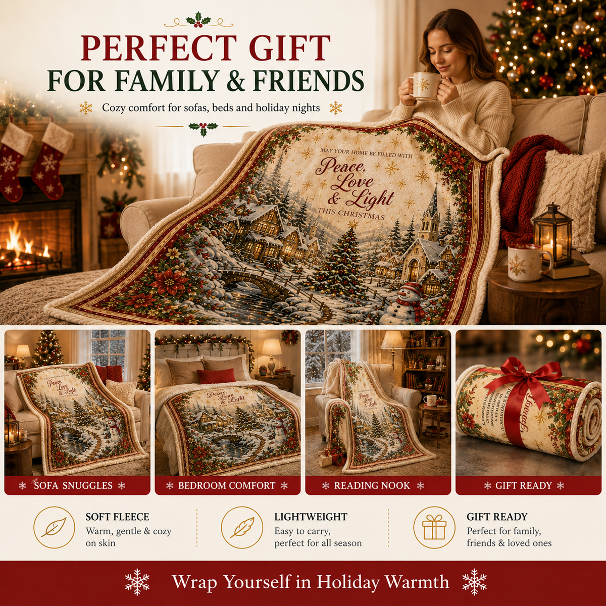 Blanket in Soft Flannel Fleece with Christmas Prints, Lightweight Throw
