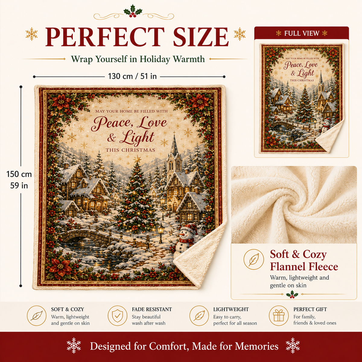 Blanket in Soft Flannel Fleece with Christmas Prints, Lightweight Throw