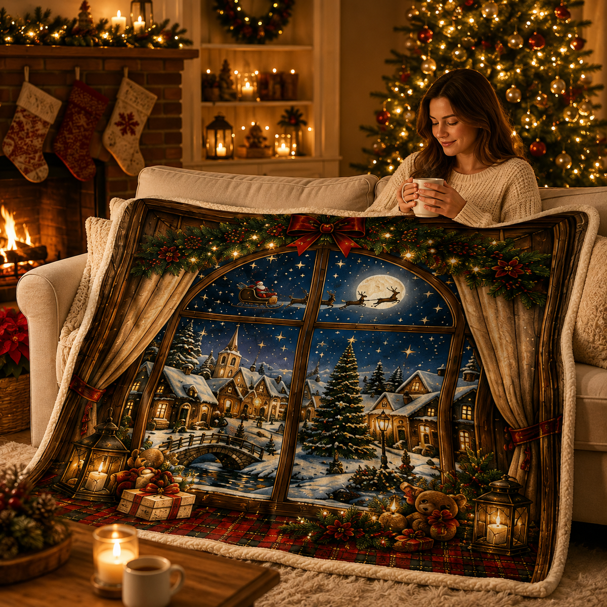 Blanket in Soft Flannel Fleece with Christmas Prints, Lightweight Throw