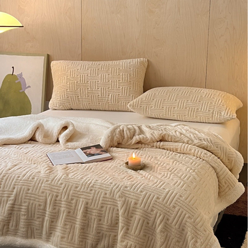 Blanket in Teddy Fleece with Embossed Basketweave Pattern, Plush Throw