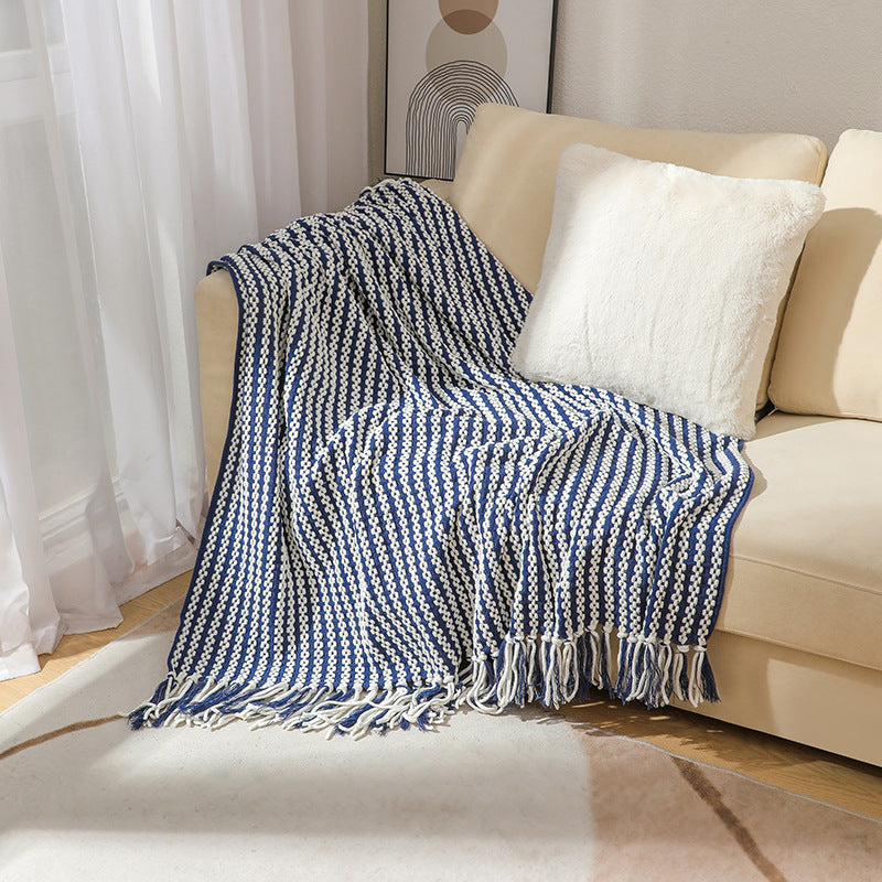 Blanket in Textured Knit with Stripes and Knotted Fringes