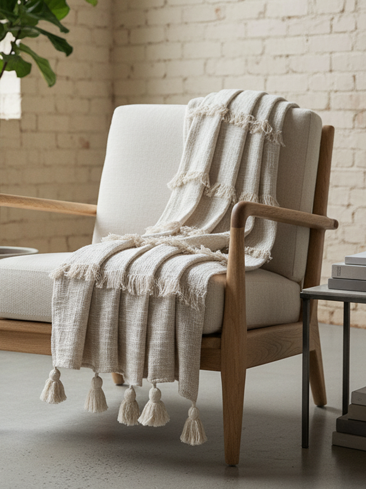 Blanket in Woven Cotton with Embroidered Stripes and Tassels