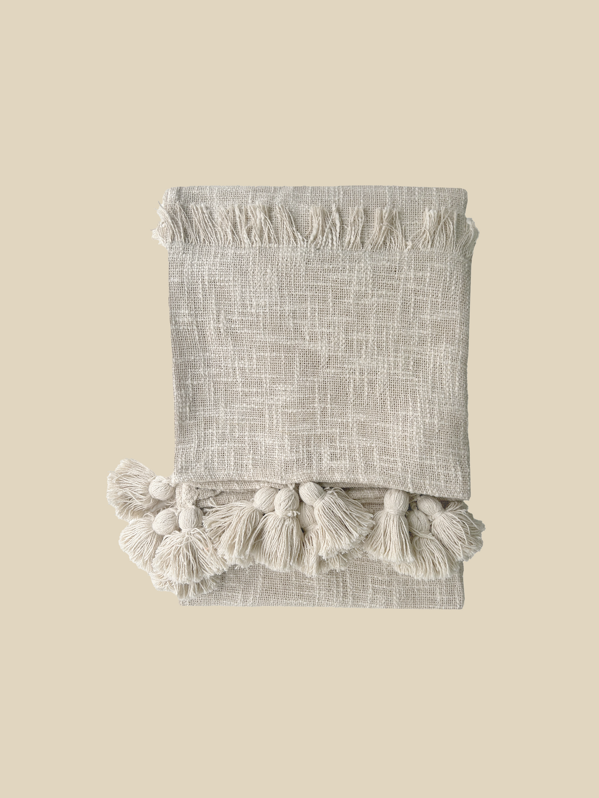 Blanket in Woven Cotton with Embroidered Stripes and Tassels